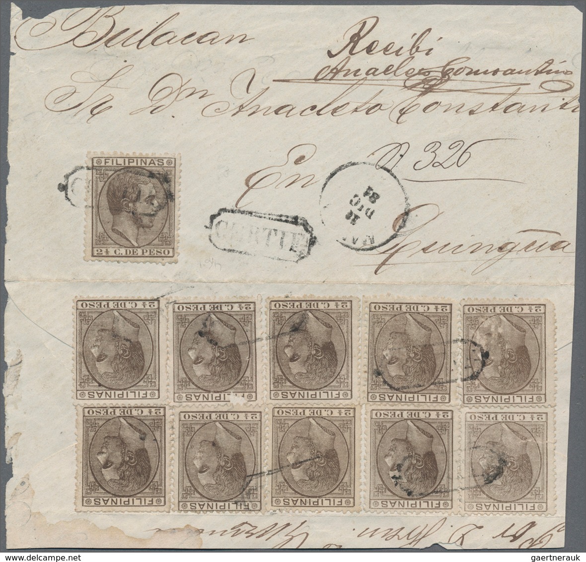 Philippinen: 1881, 2 1/2 Cts. Chestnut, Eleven Stamps On Front And Back Of Large Cover Part (shorten - Philippines