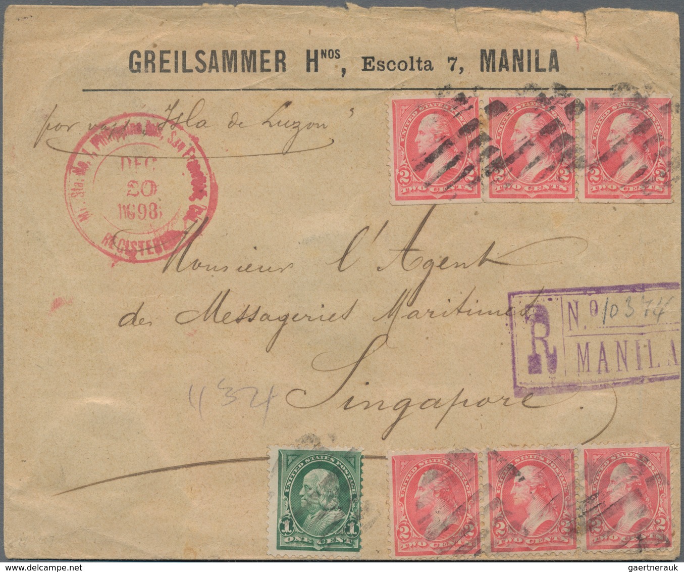 Philippinen: 1898, USA 1 C., 2 C. (6, Two Strips-3) Canc. Mute With Red "Mil.Sta. No. 1, Philipine I - Philippines