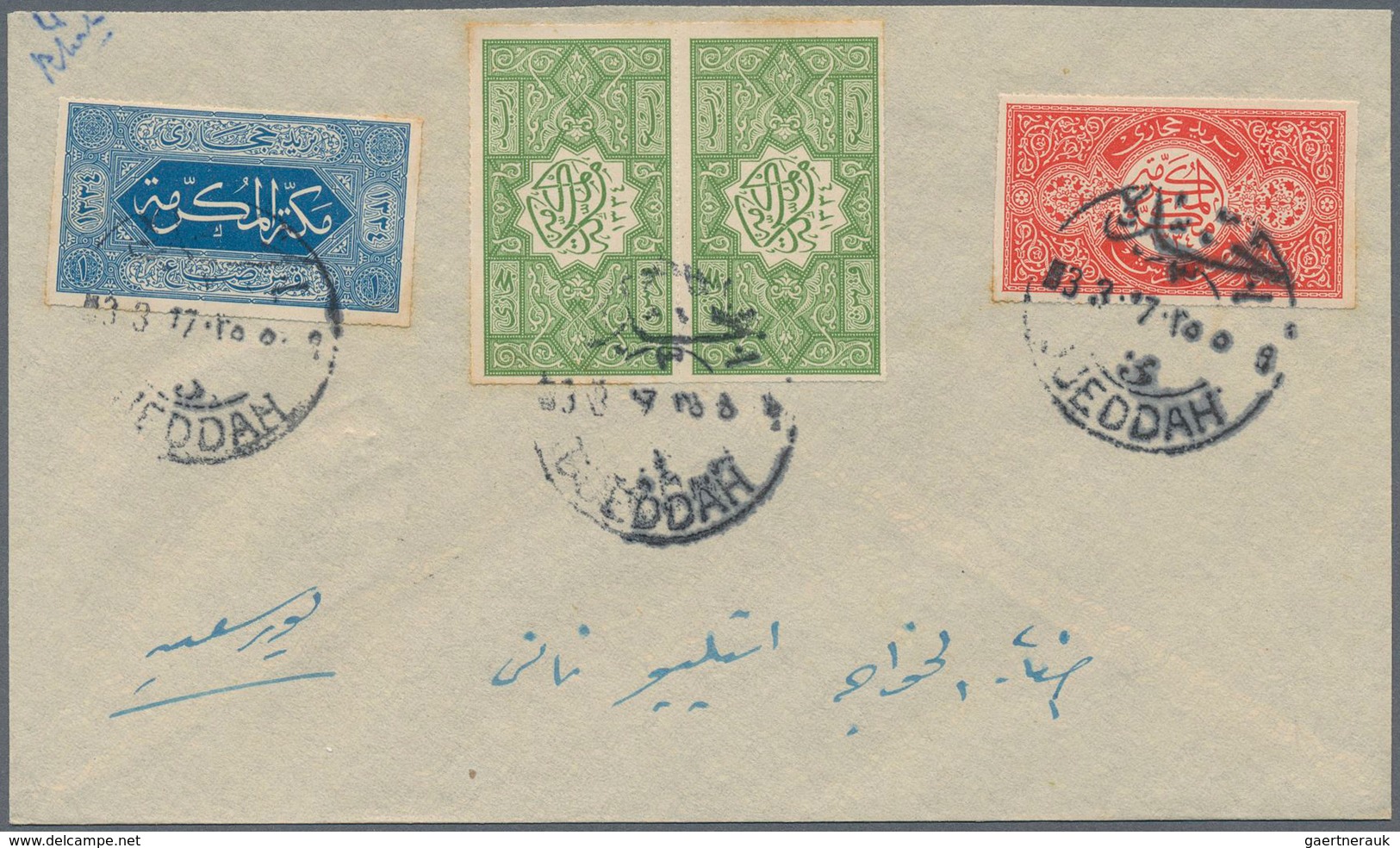 Saudi-Arabien - Hedschas: 1917, Pair 1/4 Pia. Green, 1/2 Pia. Red And 1 Pia. Blue Roulette 20 Togeth - Saudi-Arabien