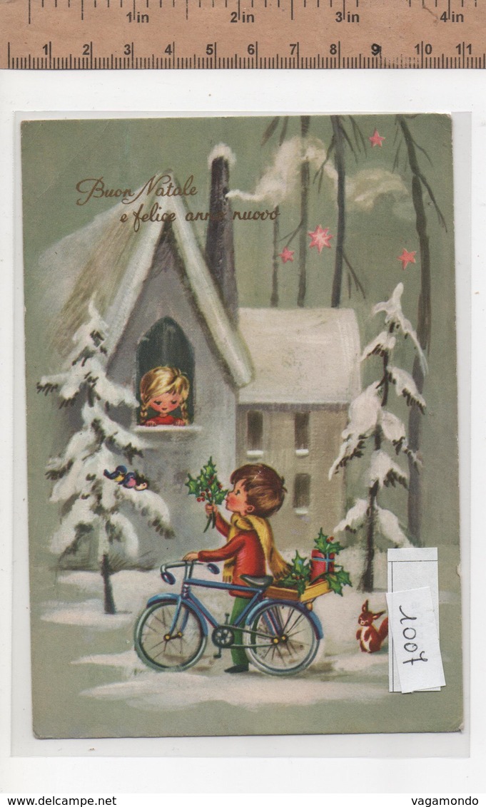 10007  BUON NATALE  BAMBINI BAMBOLA BICICLETTA AGRIFOGLIO SCOIATTOLO - Altri & Non Classificati