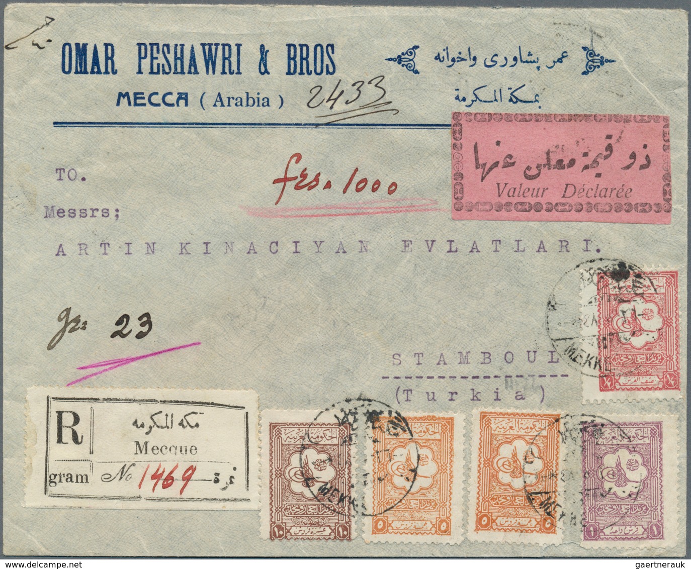 Saudi-Arabien - Nedschd: 1927, Registered Declared Value Cover Bearing Five Stamps "Tughra Of King A - Saudi Arabia