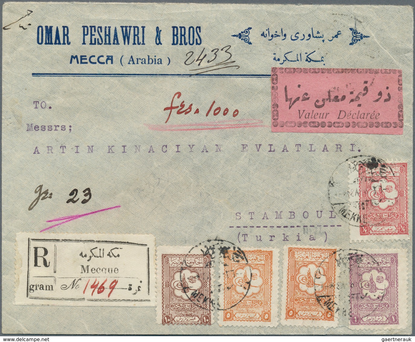 Saudi-Arabien - Nedschd: 1927, Registered Declared Value Cover Bearing Five Stamps "Tughra Of King A - Saoedi-Arabië