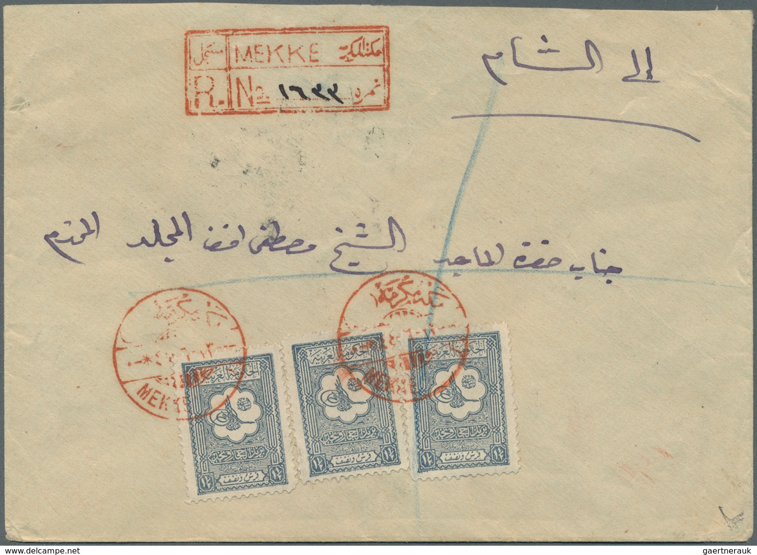 Saudi-Arabien - Nedschd: 1929, Registered Cover Bearing Three 1 1/2 Pia. Grey Tied By Red "MEKKE-I M - Saudi Arabia