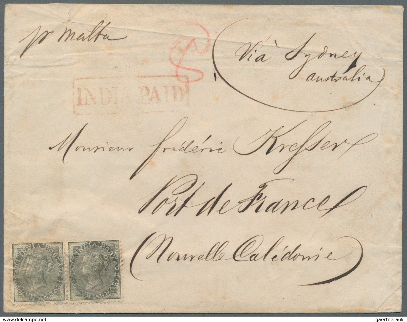 Singapur: 1863. Envelope Addressed To Fort De France, New Caledonia Bearing India SG 46, 4a Grey-bla - Singapur (...-1959)