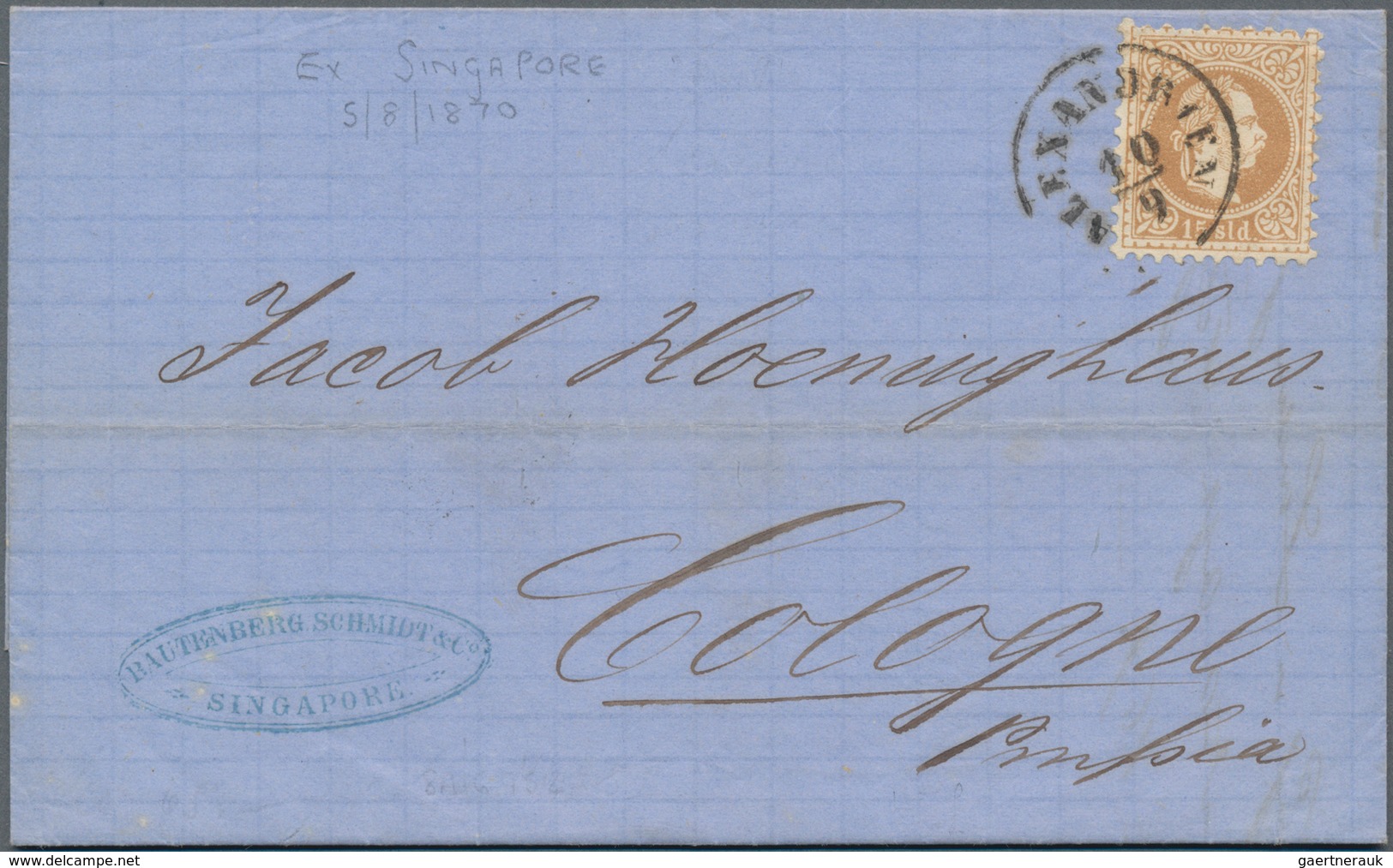 Singapur: 1870 Folded Letter From Singapore To Cologne, Germany Via Alexandria, Dated Inside 'Singap - Singapore (...-1959)