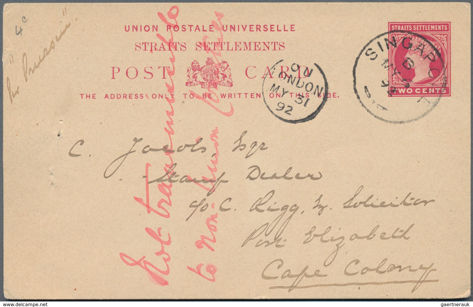 Singapur: 1892 "Not Transmissible To Non-Union Countries" Note In Red On Postal Stationery Card 2c. - Singapur (...-1959)