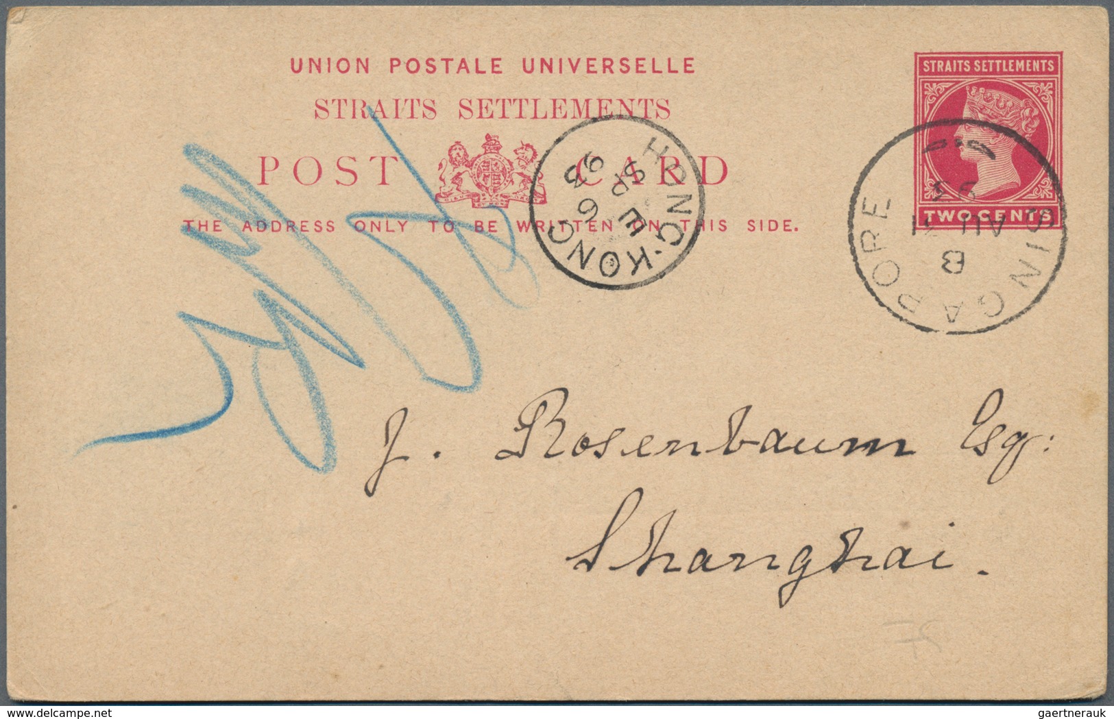 Singapur: 1893: Postal Stationery Card 2c. Carmine Of Straits Settlements Used From Singapore To Sha - Singapur (...-1959)