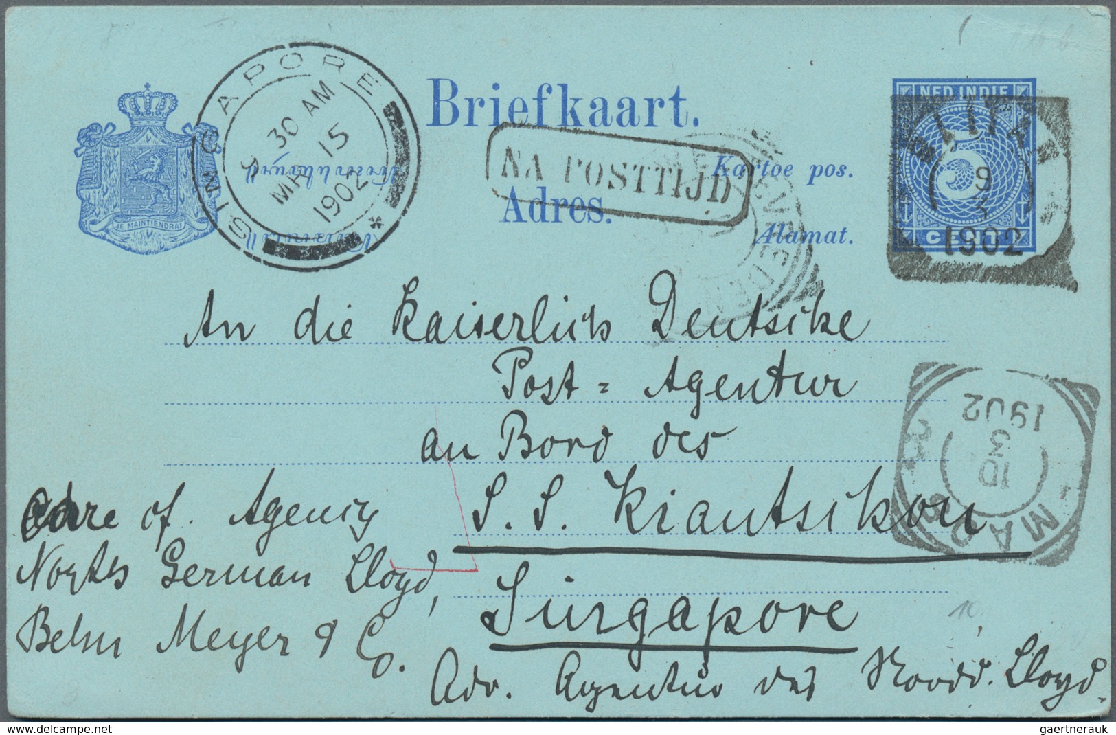 Singapur: 1902 Dutch Indies Postal Stationery Card 5c. Used From Blitar To The Imperial German Post - Singapore (...-1959)