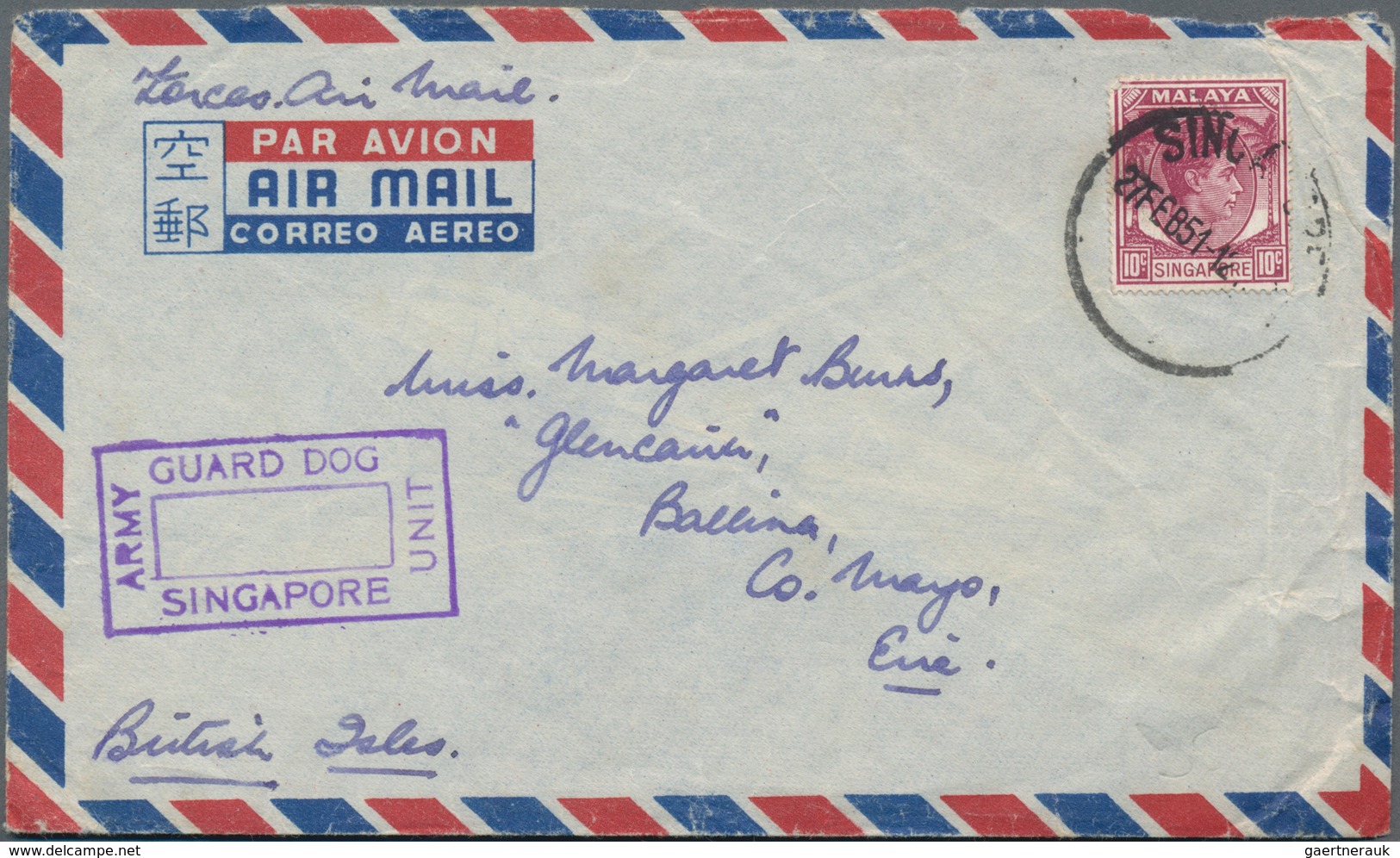 Singapur: 1951 "GUARD DOG ARMY UNIT SINGAPORE" Cachet On Forces Air Mail Cover From Singapore To Bal - Singapur (...-1959)