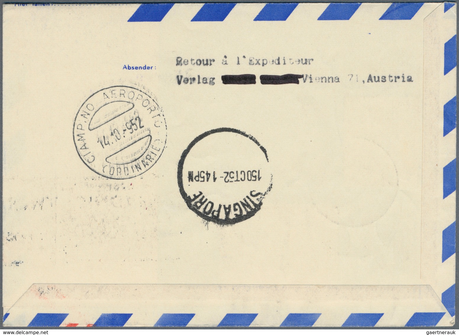 Singapur: 1952 (11.10.), Private Airmail Lettersheet Costums 1s. Blue With Red Advert. VIA ROMA / PE - Singapur (...-1959)