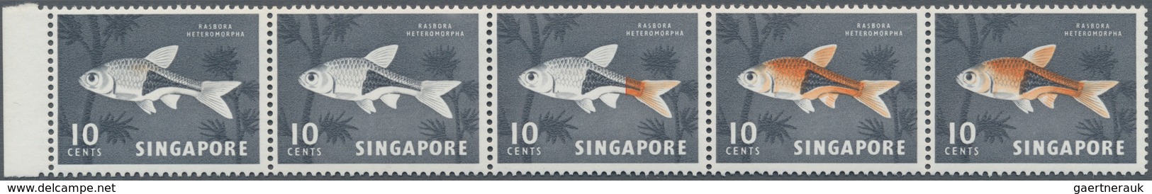 Singapur: 1962 'Halequinfish' 10c. Marginal Strip Of Five Showing Left-hand Pair With "RED-ORANGE OM - Singapur (...-1959)