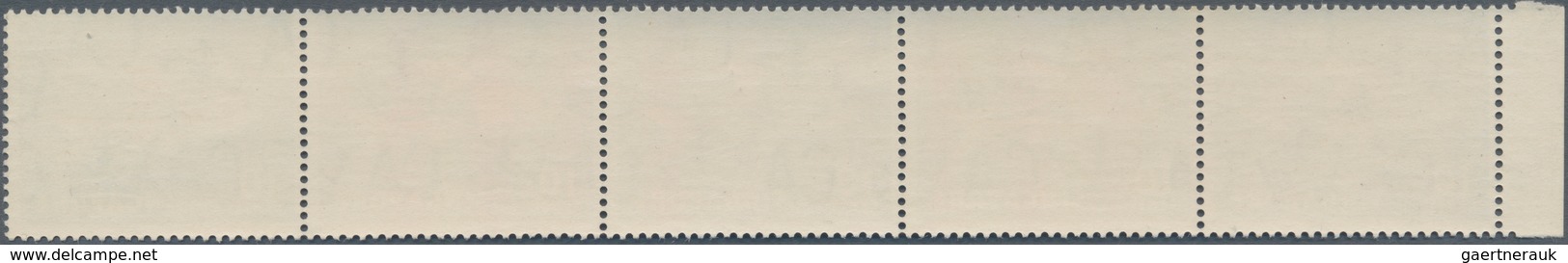 Singapur: 1962 'Halequinfish' 10c. Marginal Strip Of Five Showing Left-hand Pair With "RED-ORANGE OM - Singapur (...-1959)