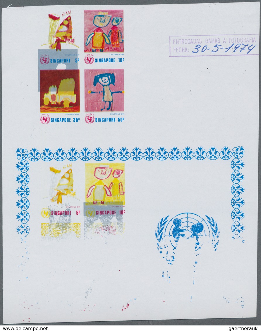 Singapur: 1974. Collective, Progressive Double Proof Sheets (9 Phases) Of The Issue "UNICEF - Childr - Singapore (...-1959)
