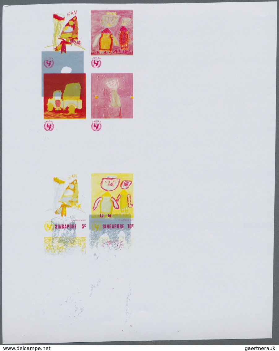 Singapur: 1974. Collective, progressive double proof sheets (9 phases) of the issue "UNICEF - Childr