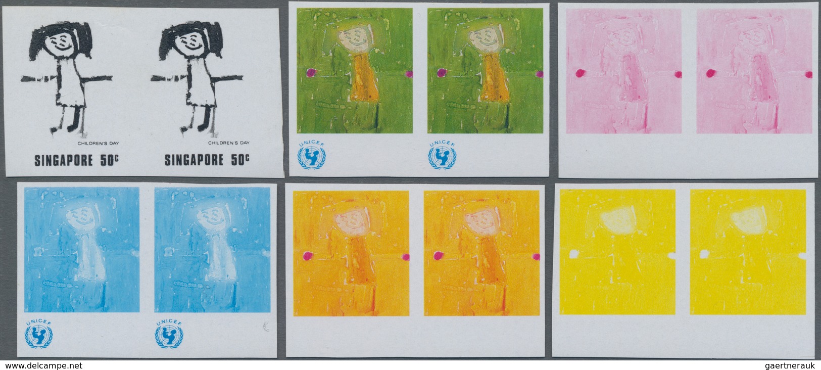 Singapur: 1974, UNICEF Children's Day, 10 C. And 50 C., Each Six Different Imperforated Stage Proofs - Singapore (...-1959)