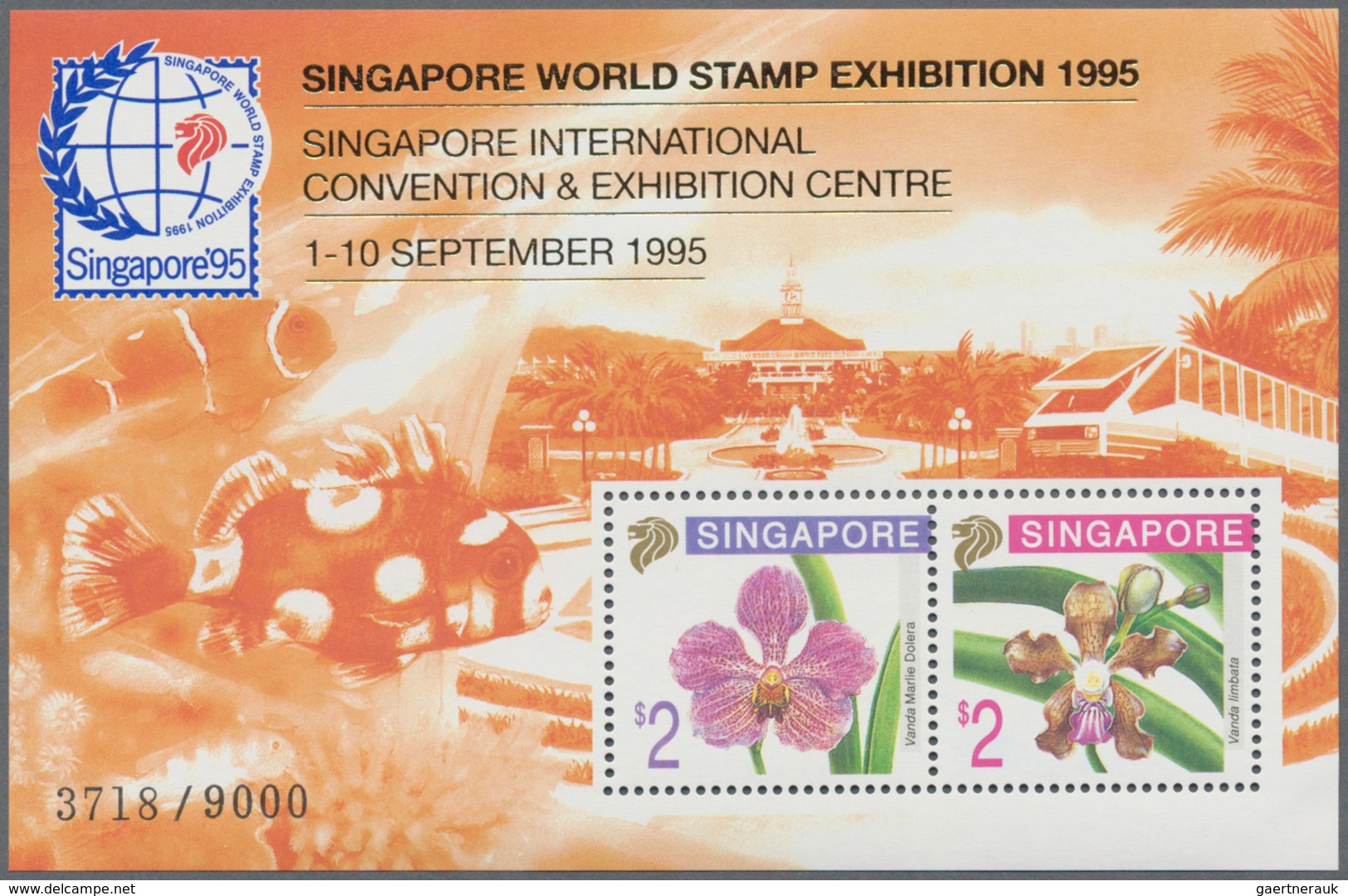 Singapur: 1995: 10 'Orchids' miniature sheets = even 5 of Orangutan m/s IMPERF and September m/s wit