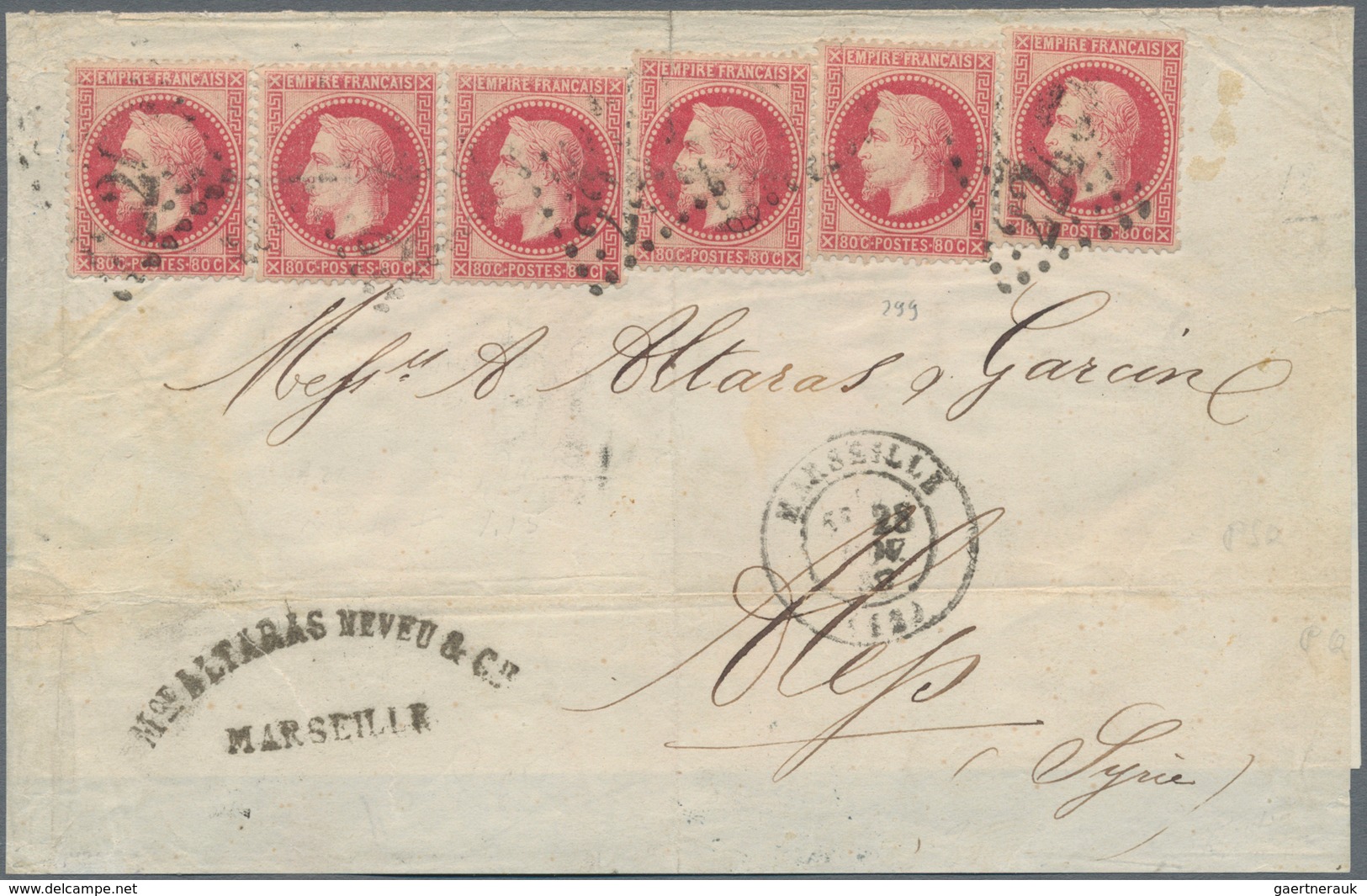 Syrien: 1869: Folded Cover From Marseilles To Alep, SYRIA Franked By Six Singles Of Napoleon 1868 80 - Syria