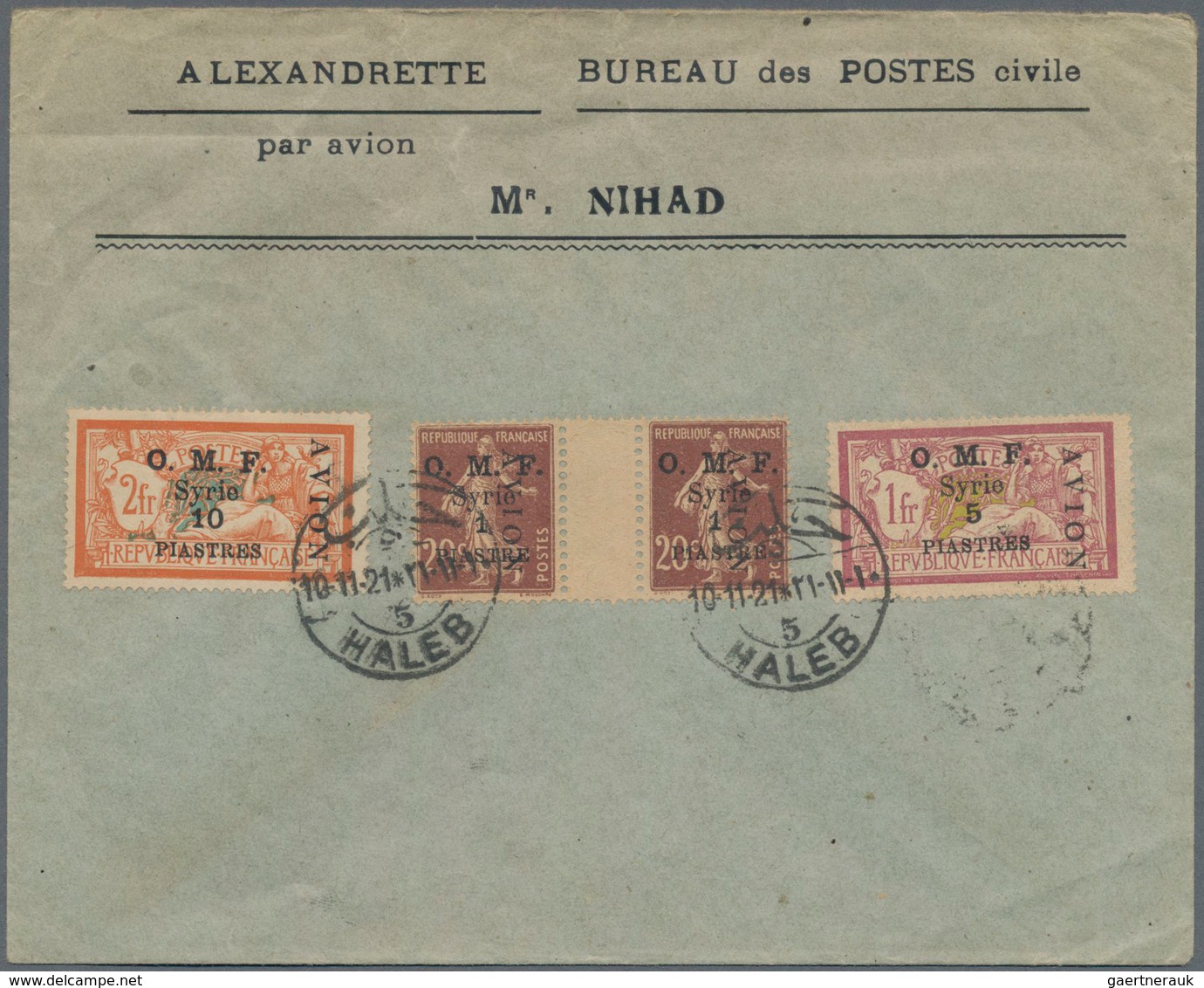 Syrien: 1921, "O.M.F." 1 Pia Brown Gutter-pair, 5 Pia And 10 Pia Overprint Stamps On Letter With HAL - Syria