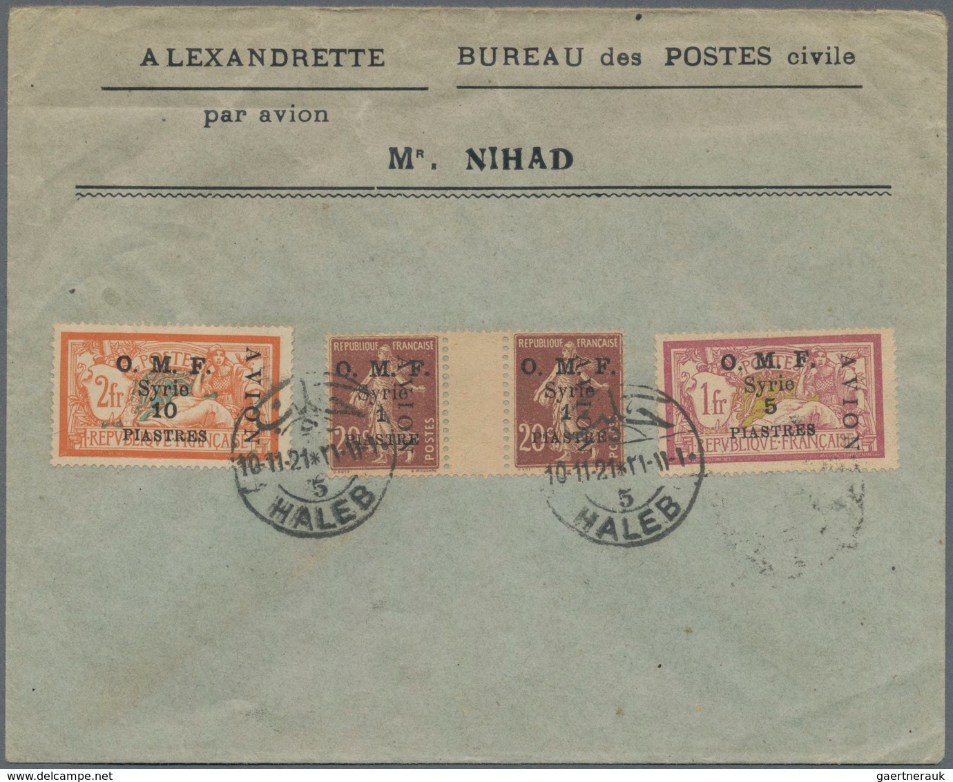 Syrien: 1921, "O.M.F." 1 Pia Brown Gutter-pair, 5 Pia And 10 Pia Overprint Stamps On Letter With HAL - Syrien