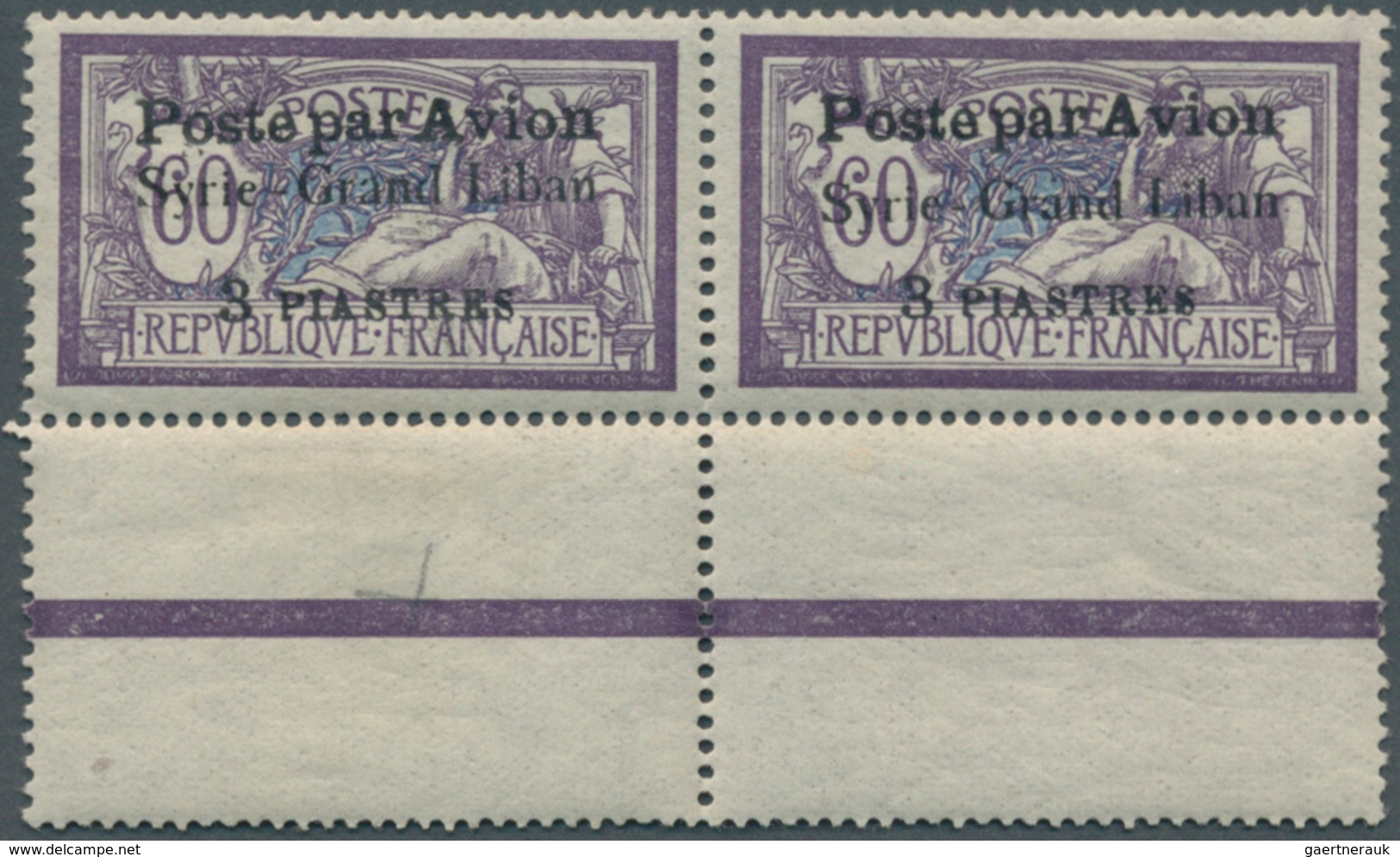 Syrien: 1923, Airmails "Syrie-Grand Liban", Wide Spacing 3¾mm, 3pi. On 60c. Violet/blue, Horiz. Pair - Syrien