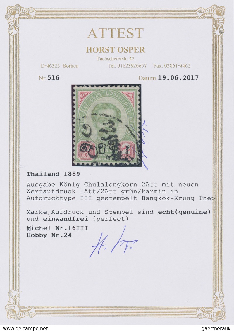 Thailand: 1889 1a. On 2a. Green & Carmine, Ovpt. Type III, Used And Cancelled By Part Strike Of Bang - Thailand