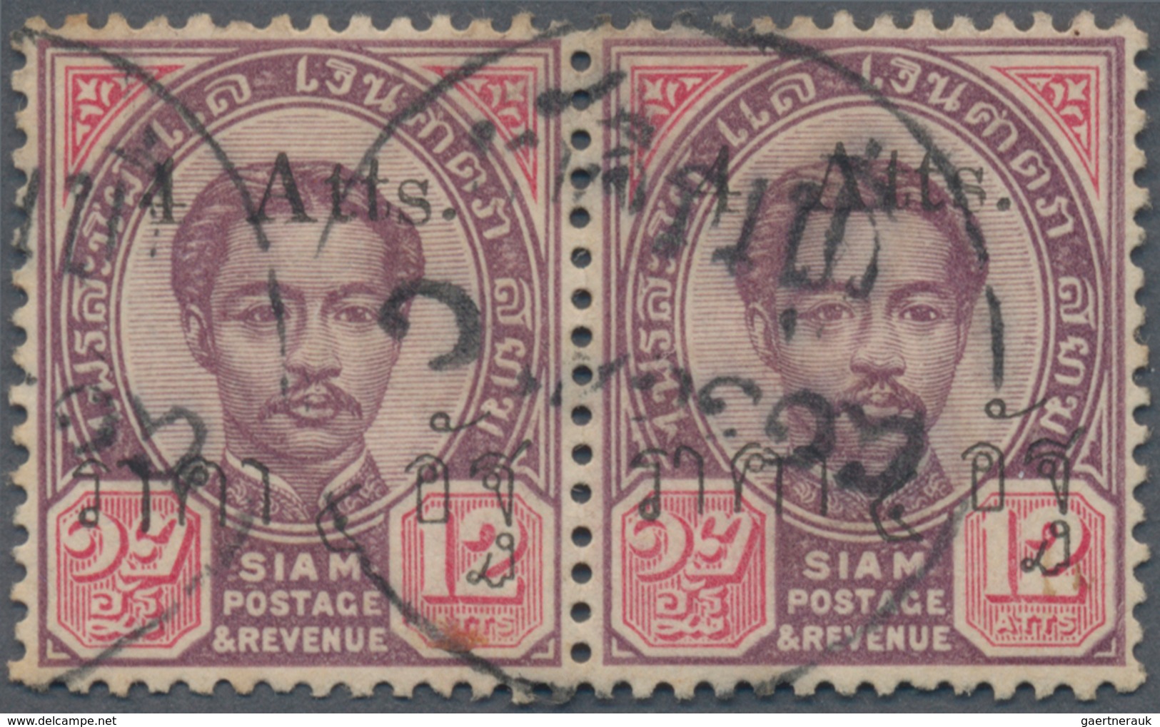 Thailand: 1897 4a. On 12a. Horizontal Pair, Left-hand Stamp With "Antique First T", The Right-hand S - Thailand