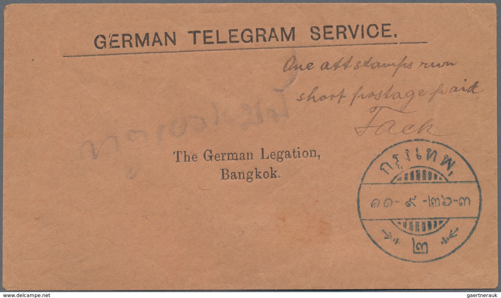 Thailand: 1907 Ca.: "One Att Stamps Run Short/Postage Paid" In M/s On 'German Telegram Service' Enve - Thailand