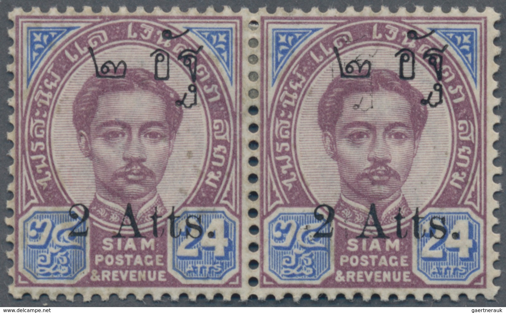 Thailand: 1908 Proof Pair Of 2a. On 24a. With Traces Of Double Overprint On Right-hand Stamp, On Pap - Thailand