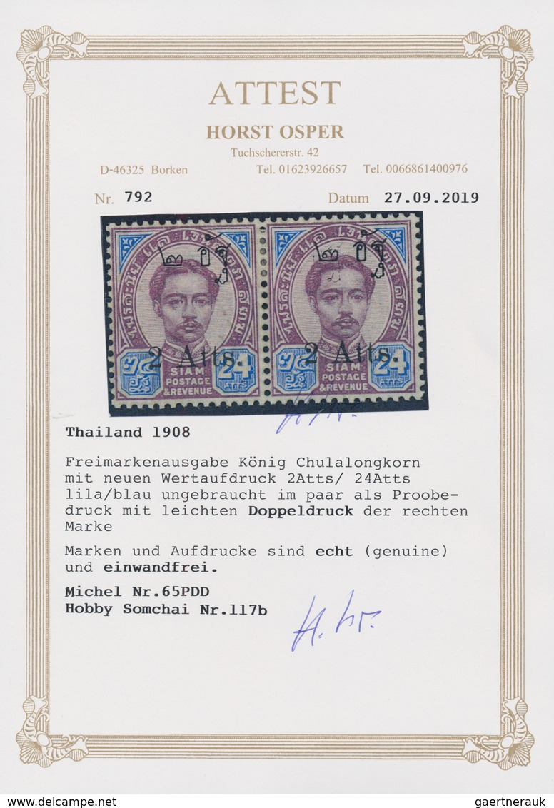 Thailand: 1908 Proof Pair Of 2a. On 24a. With Traces Of Double Overprint On Right-hand Stamp, On Pap - Thailand