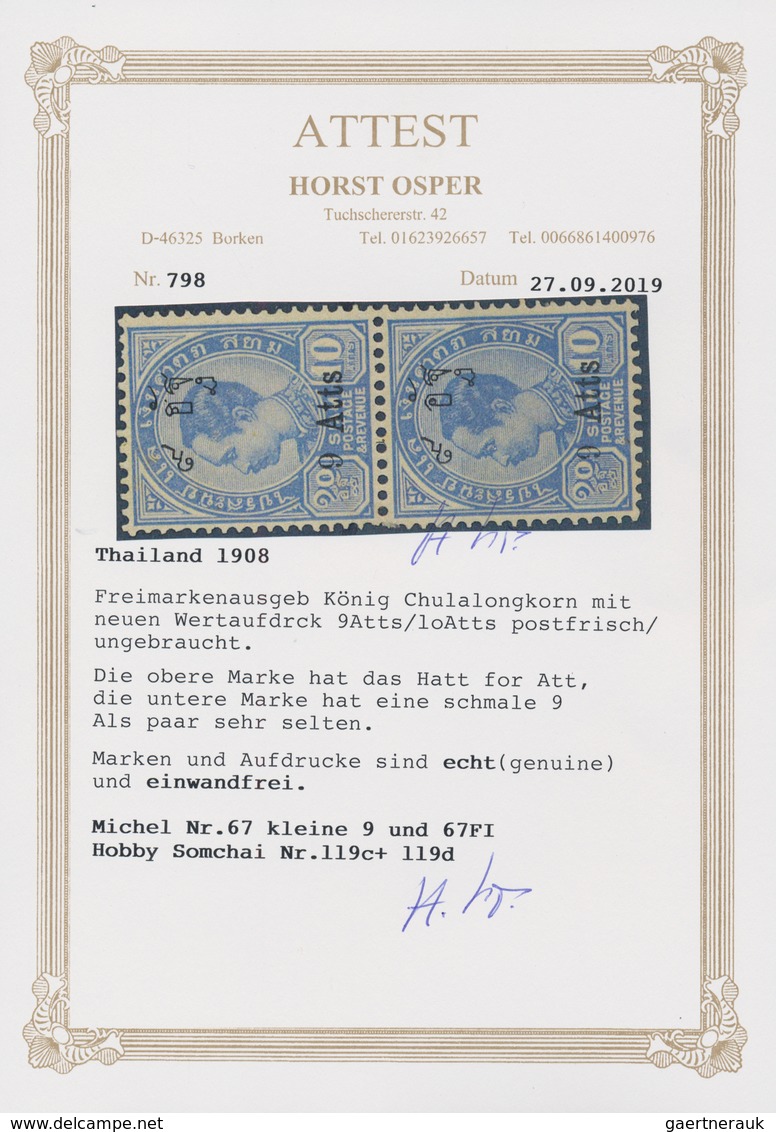 Thailand: 1908 9a. On 10a. Ultramarine Vertical Pair, Pos. R.7/6 & R.8/6, Top Stamp Showing "error ' - Thailand