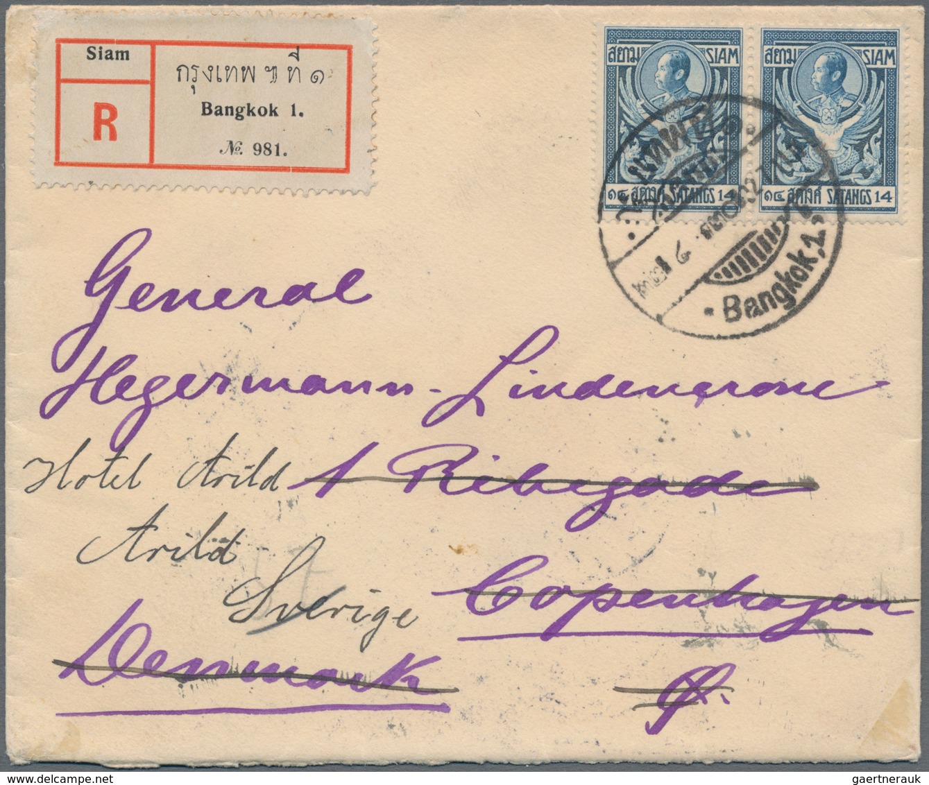 Thailand: 1910, 14 S. Blue, A Horizontal Pair Ted "Bangkok.1 22.7.11" To Registered Cover To Denmark - Thailand