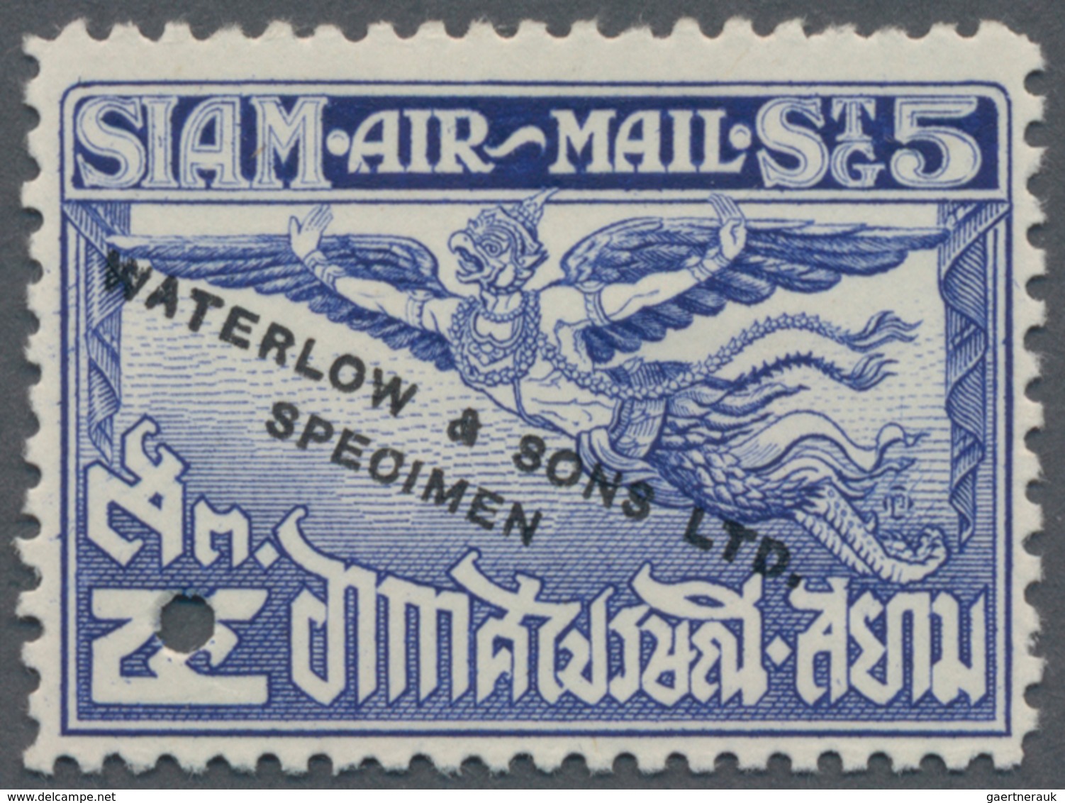 Thailand: 1925, Garuda Air Mail 5s, Waterlow Specimen In Blue With Corner Punchhole, No Gum - Thailand