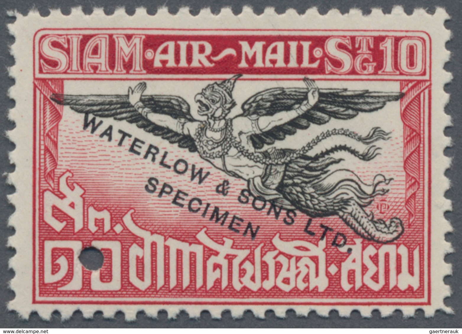 Thailand: 1925, Garuda Air Mail 10s, Waterlow Specimen In Carmine/black With Corner Punchhole, No Gu - Thailand