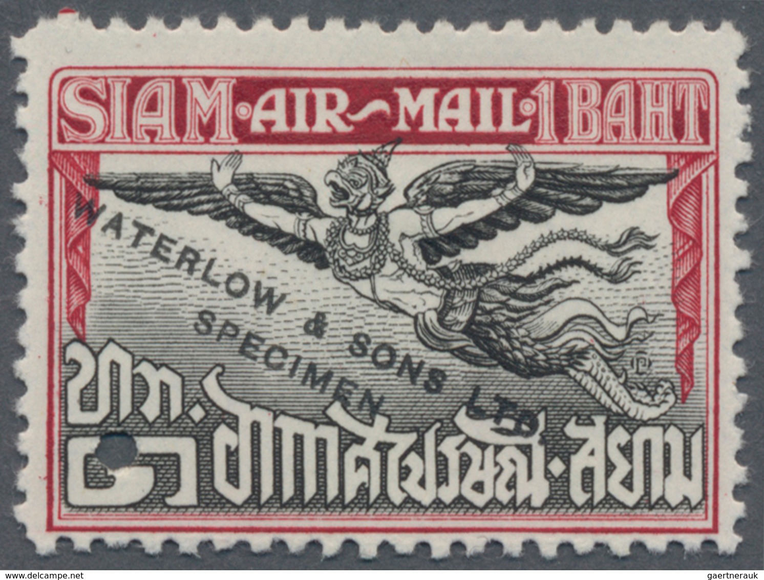 Thailand: 1925, Garuda Air Mail 1 B., Waterlow Specimen In Black/claret With Corner Punchhole, No Gu - Thailand