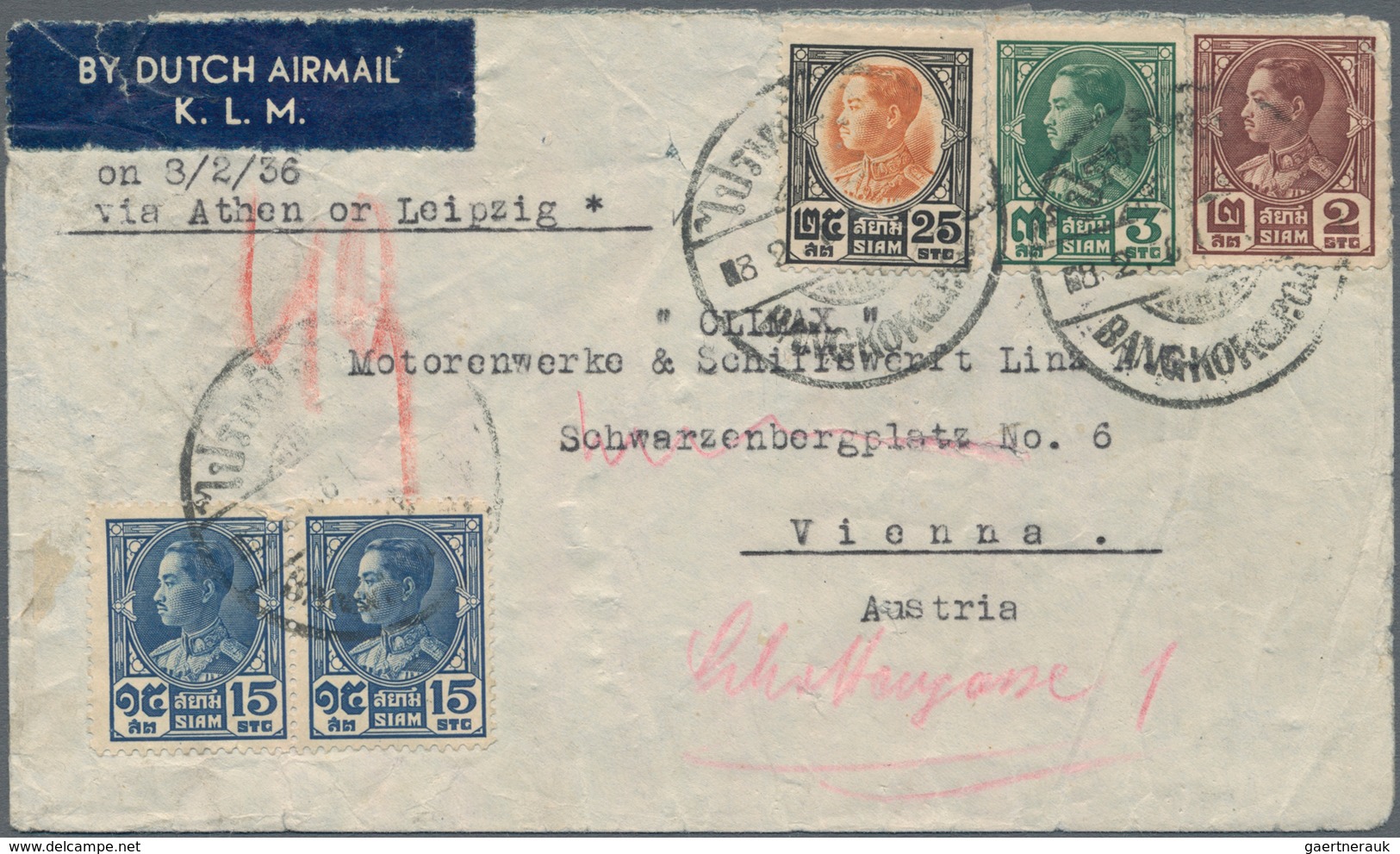 Thailand: 1928/54, Airmail Covers (4) To Overseas Inc. 1936 60 S. Frank (2s Small Tear) Tied "Bangko - Thailand