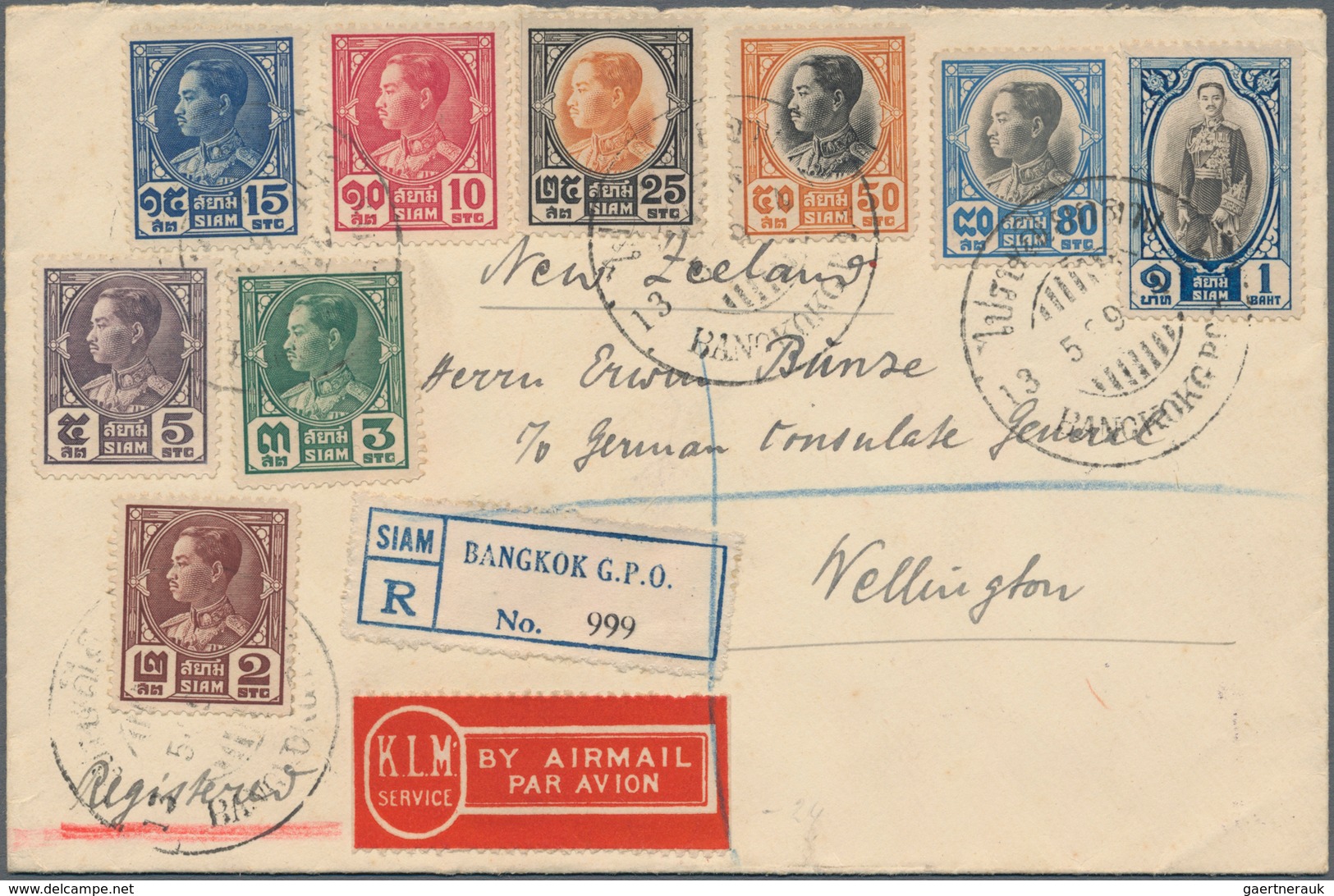 Thailand: 1928, 2 Stg./1 B. Nine Vals Tied "BANGKOK G.P.O. 13.5.38" To Registered Air Mail Cover Via - Thailand