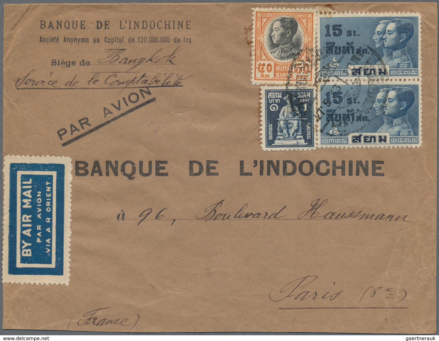 Thailand: 1933 Airmail Cover From Bangkok To The Bank Of Indochina In Paris, Franked 1932 1b. Along - Thailand