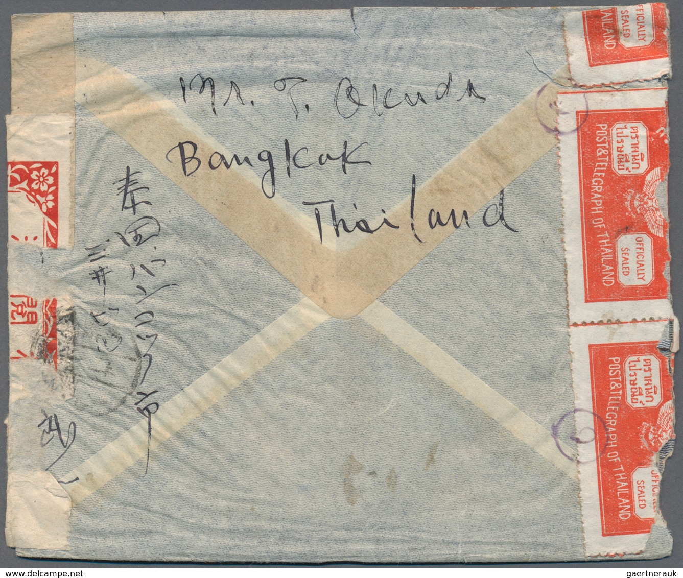 Thailand: 1941, 15 S. Tied "BANGKOK G.P.O. 25.11.42" To Reverse Of Surface Mail Cover (faults) To Ja - Thailand