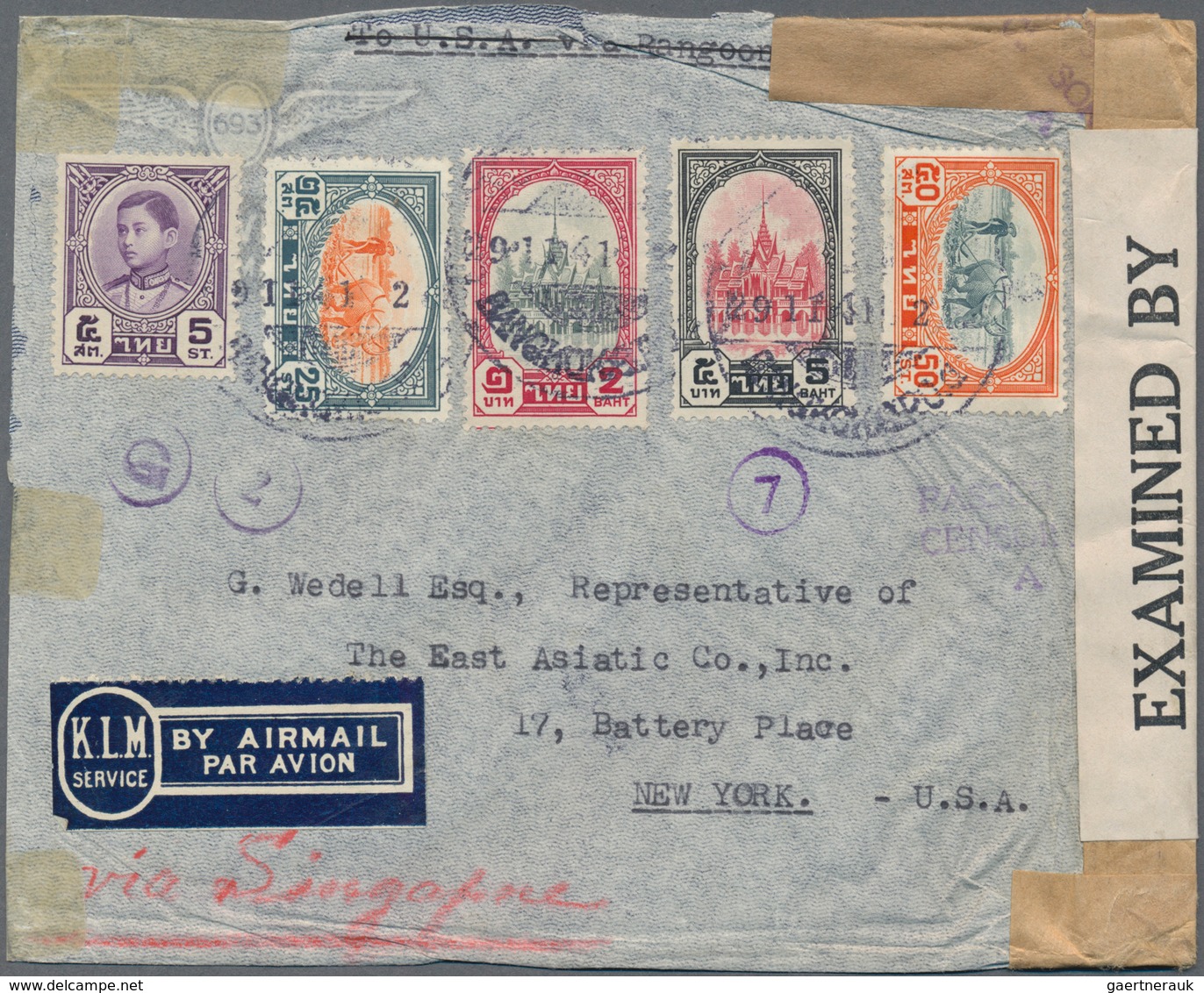 Thailand: 1941, 5 B. Etc. 7.80 B. Frank Tied "BANGKOK 29.11.41" To Late Air Mail Clipper Cover Via S - Thailand