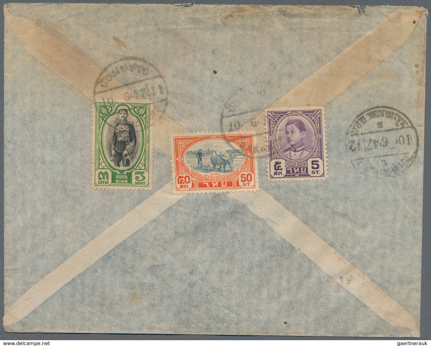 Thailand: 1947, Two Airmail Covers To The U.S.A., Both With "A.V.2" Handstamp And Franked By 1928 'R - Thailand