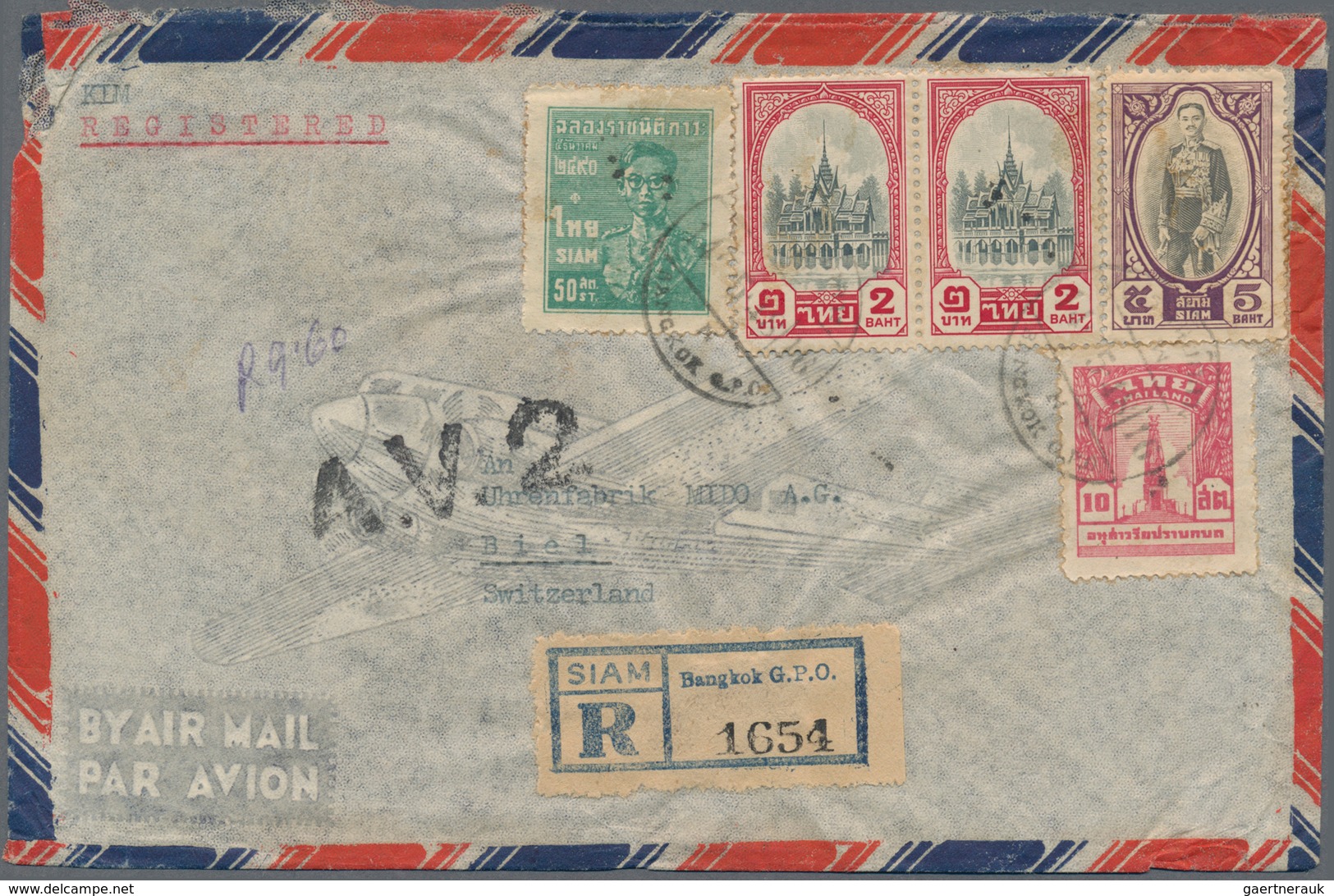 Thailand: 1948 Registered Airmail Cover With "A.V.2" Sent From Bangkok To Biel, Switzerland Franked - Thailand