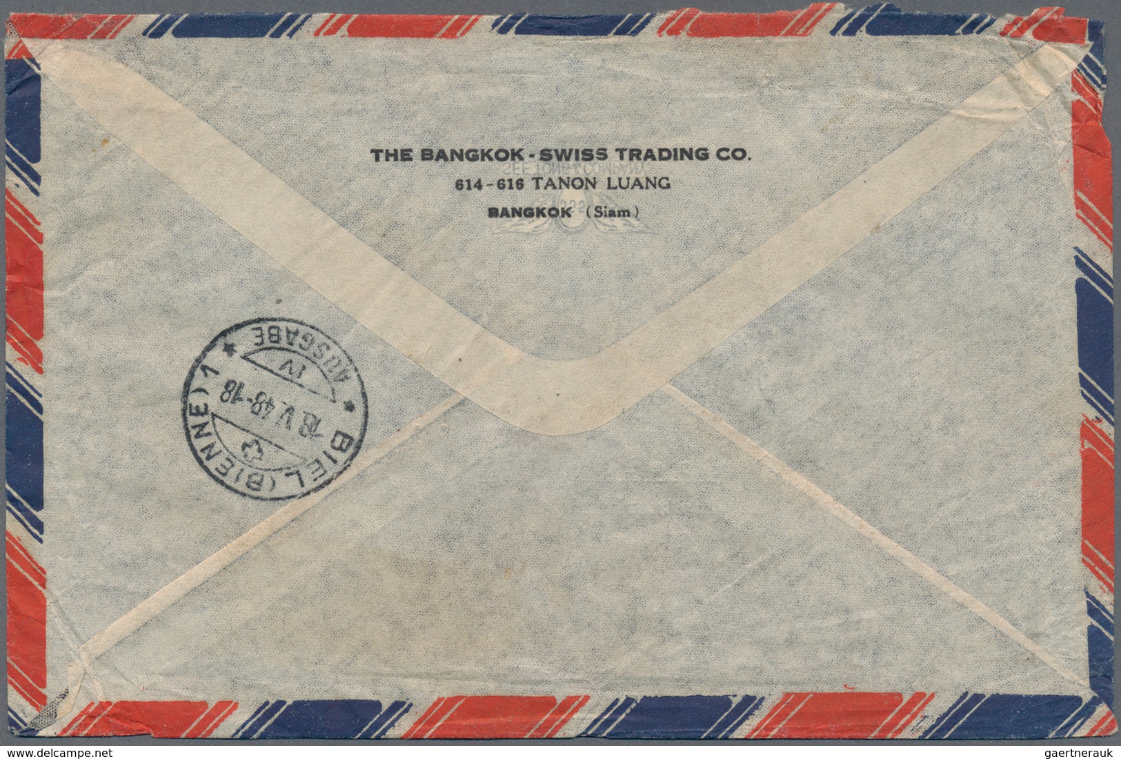 Thailand: 1948 Registered Airmail Cover With "A.V.2" Sent From Bangkok To Biel, Switzerland Franked - Thailand