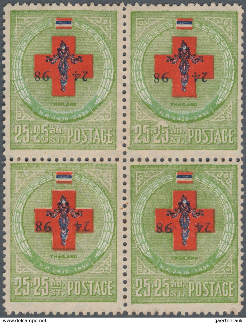 Thailand: 1955 Red Cross 25+25s. Block Of Four, Variety OVERPRINT "24 98" INVERTED, Mint Never Hinge - Thailand