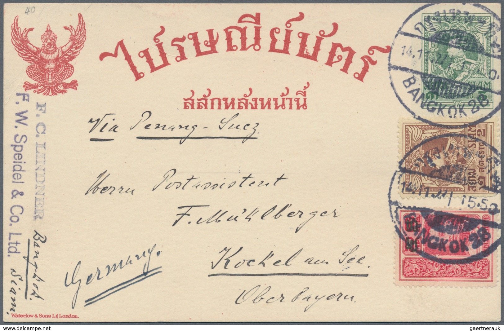 Thailand - Ganzsachen: 1920 P/s Card 3s. Green, Uprated 6s. And 2s., Used From Bangkok To Kochel Am - Thailand