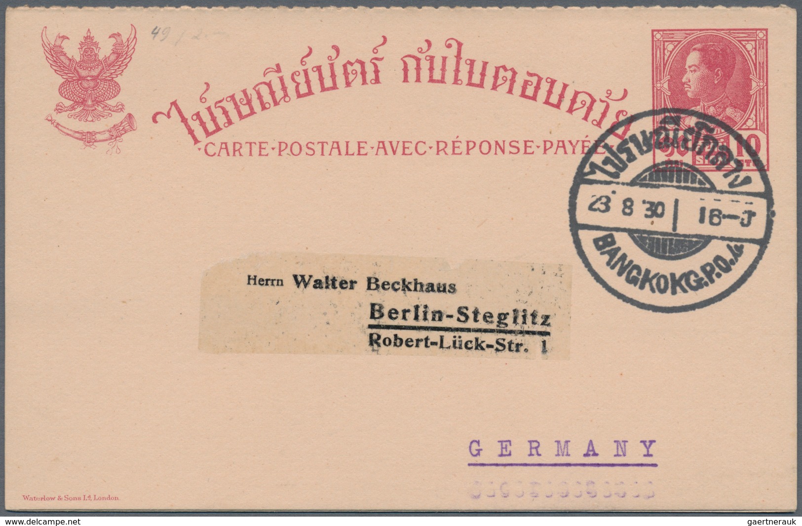 Thailand - Ganzsachen: 1928 P/s Double Card 10+10s. Addressed To Germany And Cancelled By Bangkok G. - Thailand