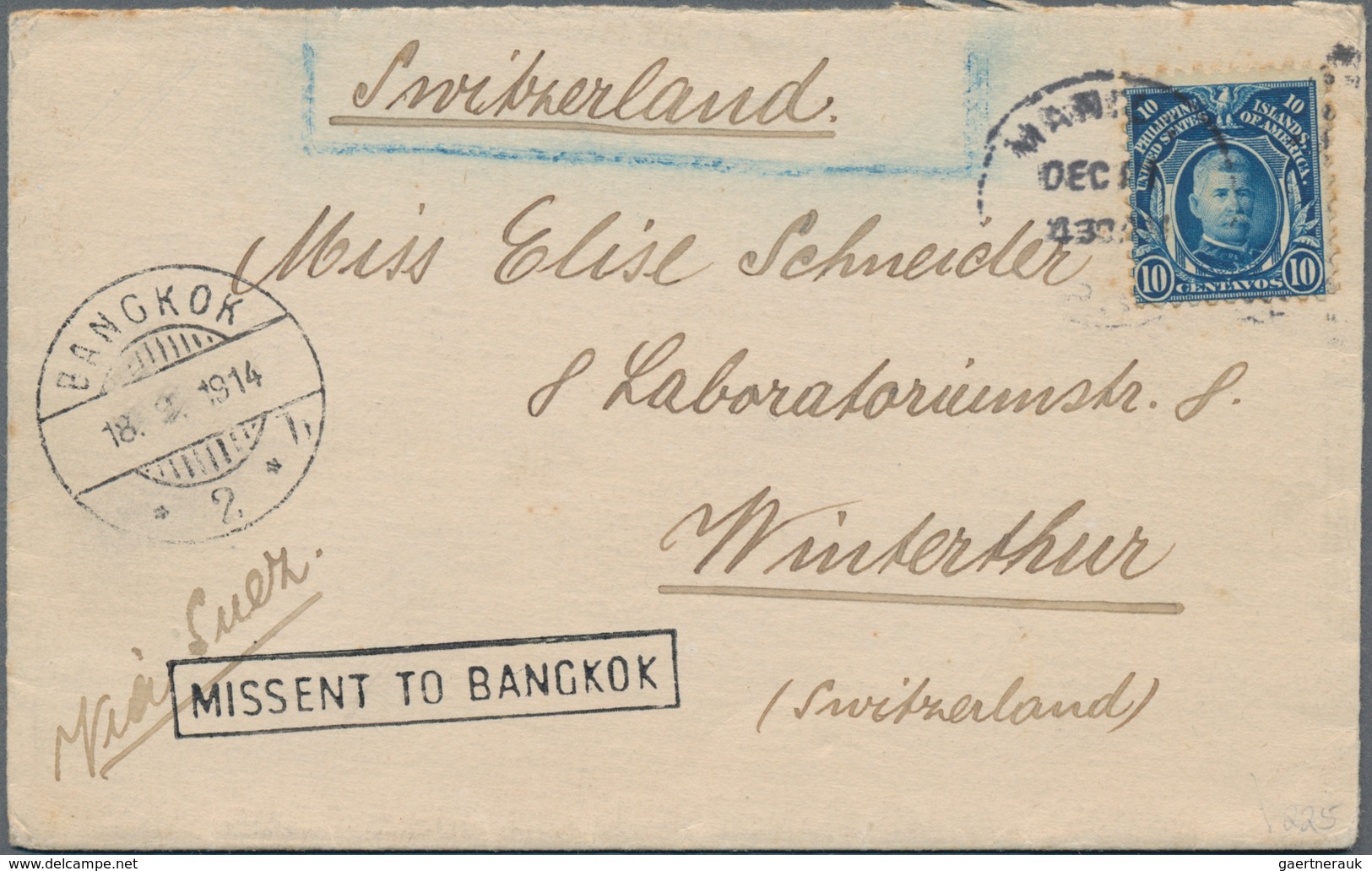 Thailand - Besonderheiten: 1913 "MISSENT TO BANGKOK" Boxed H/s On Cover Dent From Manila, Philippine - Thaïlande