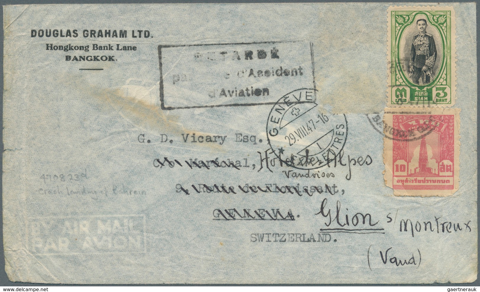 Thailand - Besonderheiten: 1947, AIR CRASH At BAHRAIN, Air Mail Cover From Siam With Part-frank 3.10 - Thailand