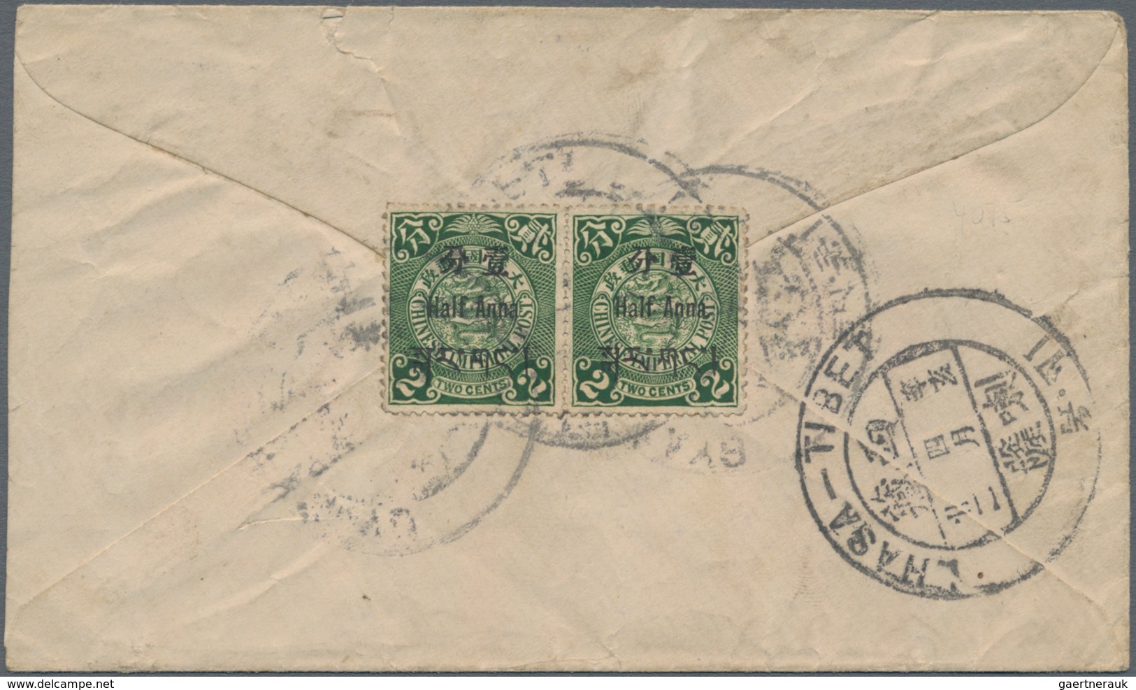Tibet: 1911, 1/2 A. On 2 C., A Horizontal Pair Tied Large "GYANTSE-TIBET" To Reverse Of Cover To Lha - Sonstige - Asien