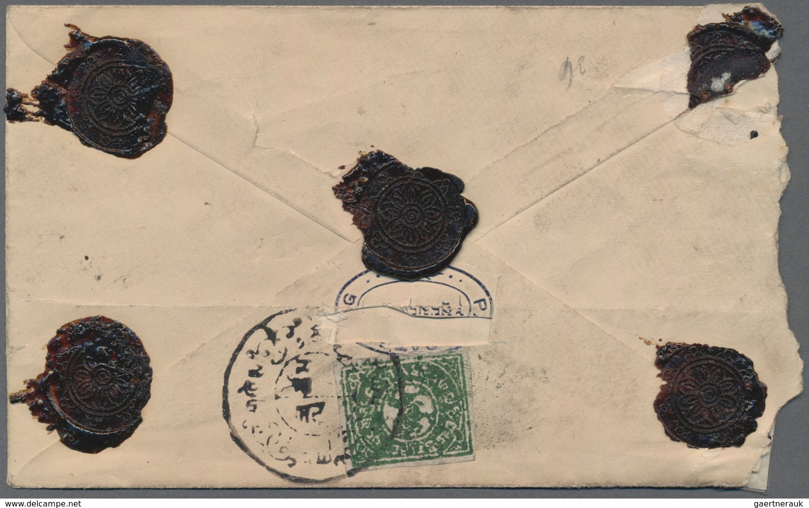 Tibet: 1912, 1/4 T. Green Tied Double Circle To Reverse Of Inland Cover, Rather Roughly Opened And P - Asia (Other)