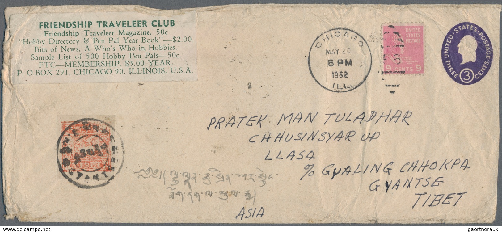 Tibet: 1947/57, 1 T. Reddish Orange Tied "GYANTSE" On Inbound Stationery Envelope USA 3 C. Uprated P - Asia (Other)